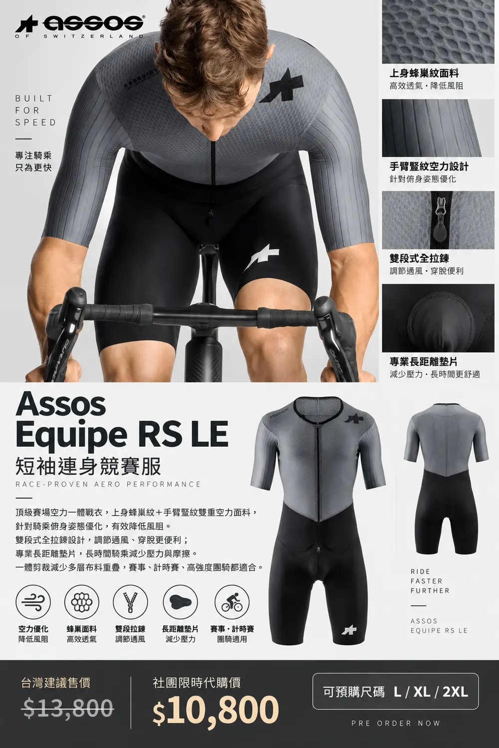 Assos Equipe RS LE短袖連身競賽服實品圖，雙結構空力面料與蜂巢立體織紋細節