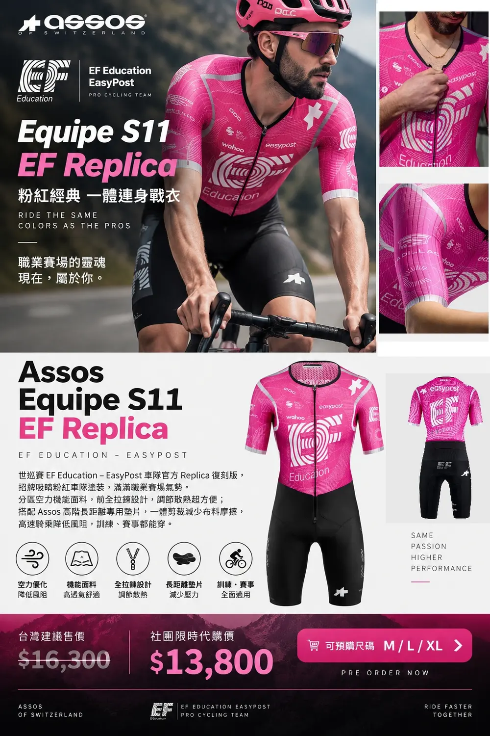 Assos Equipe S11 EF Replica連身競賽服實品圖，EF Education–EasyPost車隊經典粉紅基底幾何環狀紋理