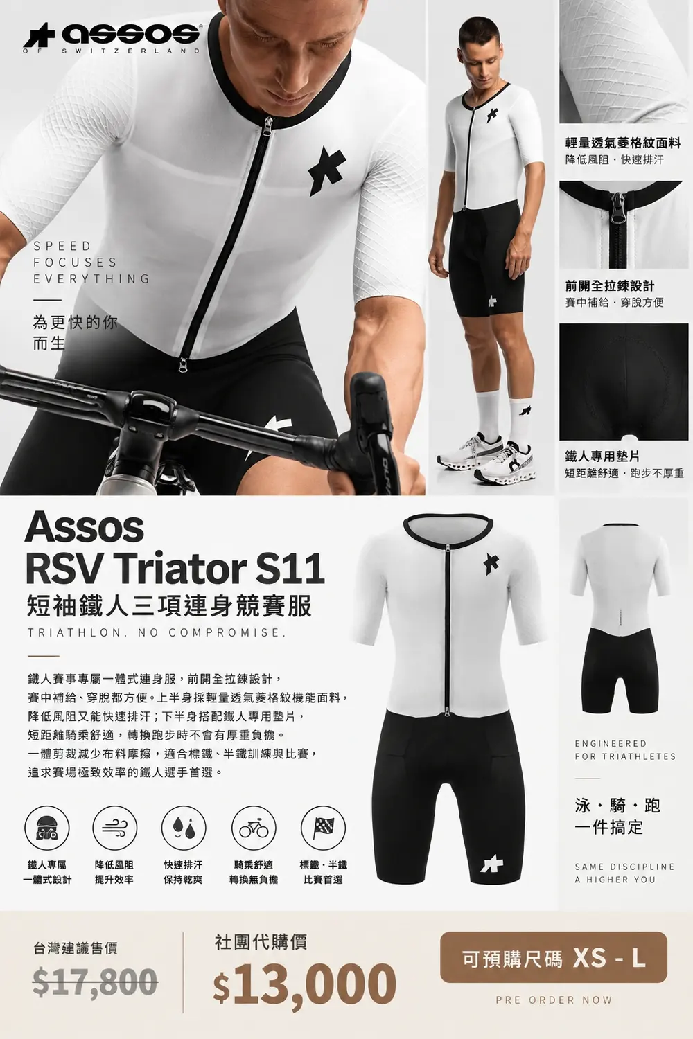 Assos RSV Triator S11短袖連身賽服實品圖，鐵人三項專用競賽服