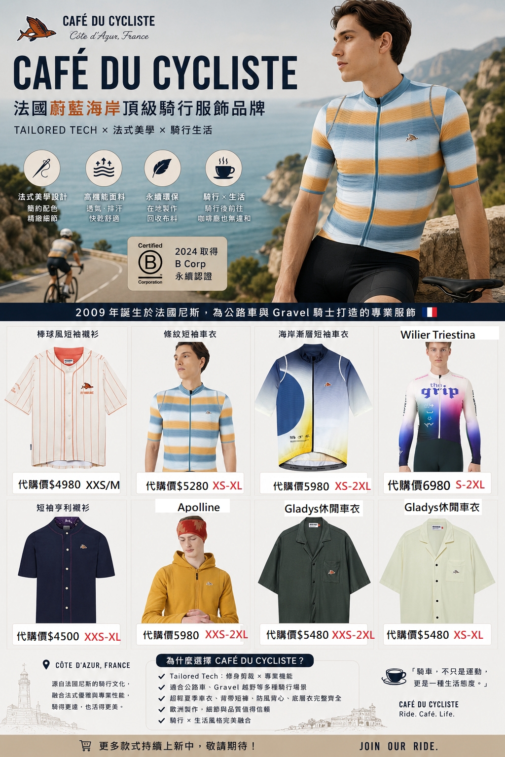 Café du Cycliste 品牌故事與棒球風短袖襯衫、條紋短袖車衣、海岸漸層短袖車衣、Wilier Triestina等品項總覽