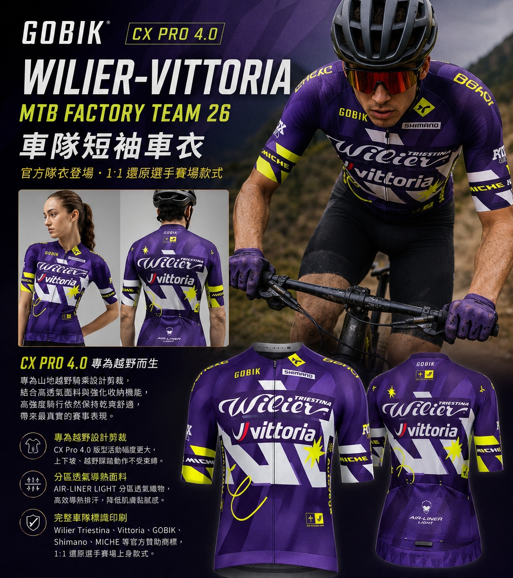 GOBIK CX Pro 4.0 Wilier-Vittoria MTB Factory Team 26 車隊短袖車衣主視覺，選手實騎照與五大機能圖解