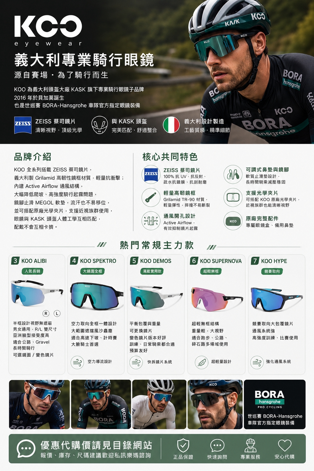KOO義大利專業騎行眼鏡主視覺，含全系列款式縮圖與BORA-Hansgrohe車隊配戴實拍