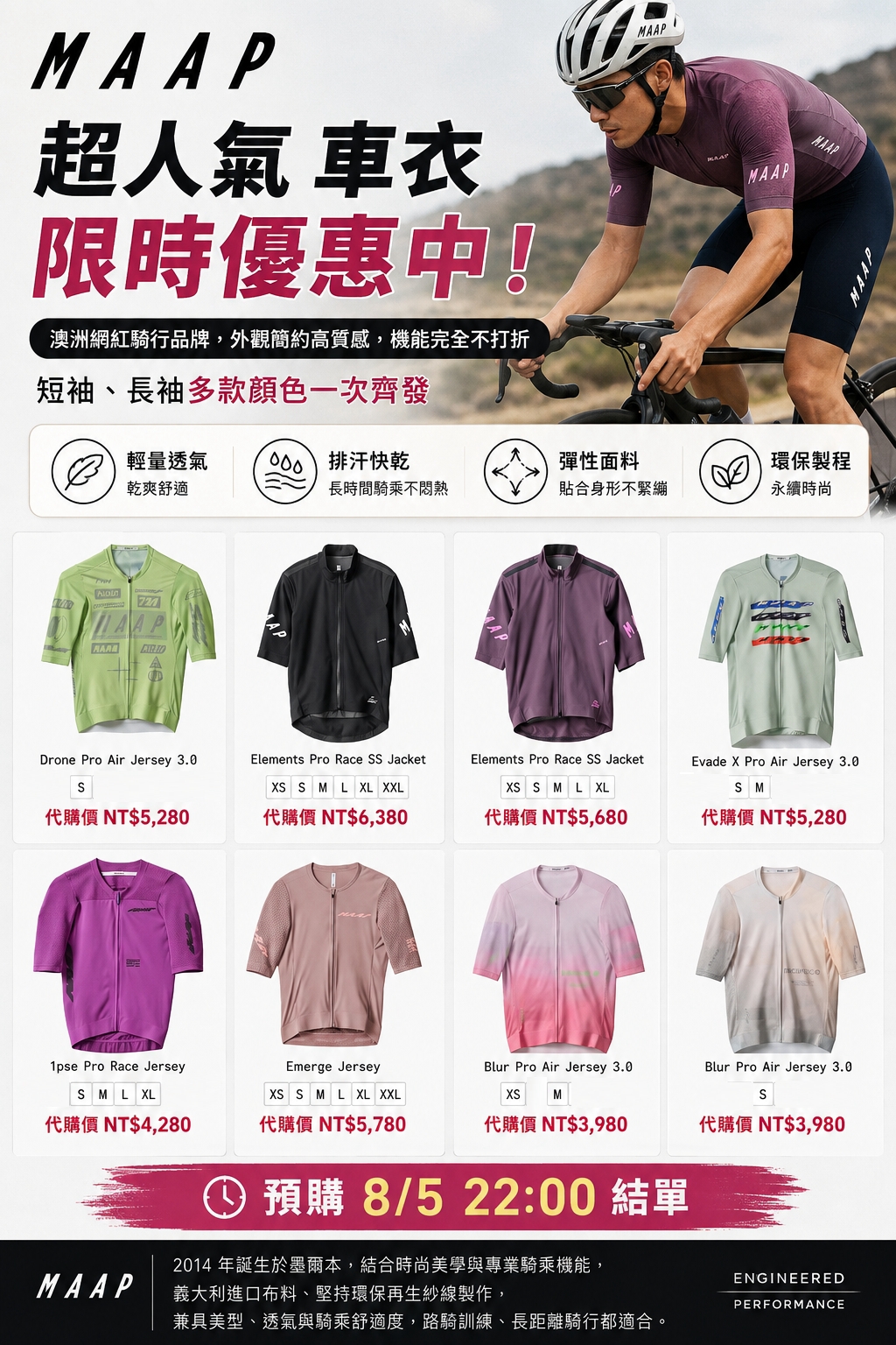 MAAP Drone Pro Air Jersey 3.0、Elements Pro Race SS Jacket、1pse Pro Race Jersey、Emerge Jersey等品項與代購價總覽