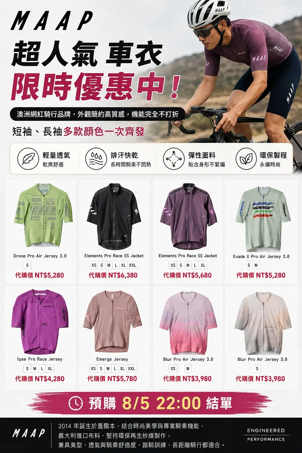 MAAP Drone Pro Air Jersey 3.0、Elements Pro Race SS Jacket、1pse Pro Race Jersey、Emerge Jersey等品項與代購價總覽
