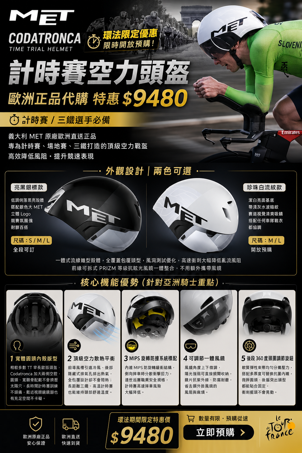MET Codatronca計時賽空力頭盔，環法限定代購優惠NT$9480，亮黑銀標與珍珠白流紋兩色