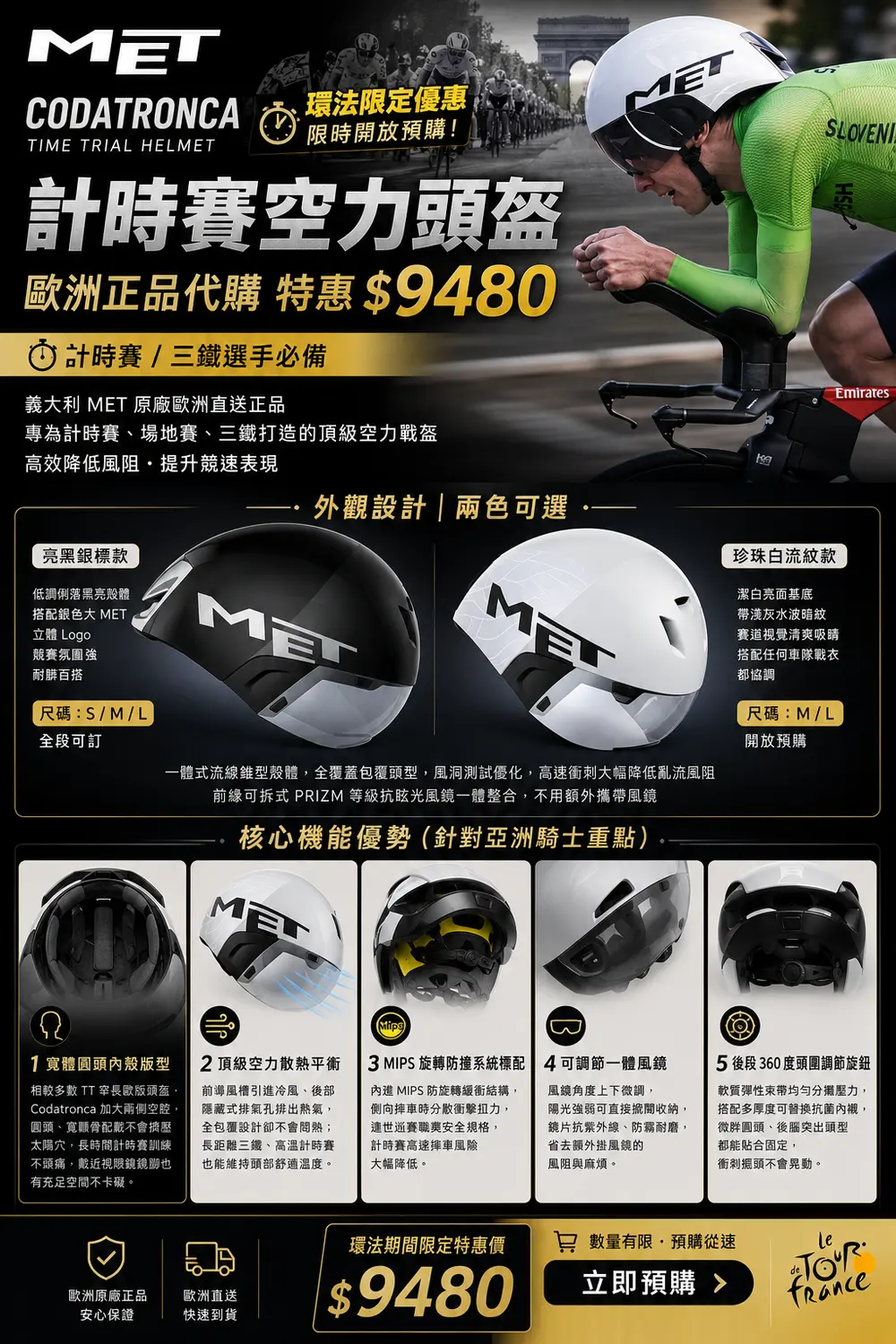 MET Codatronca計時賽空力頭盔，環法限定代購優惠NT$9480，亮黑銀標與珍珠白流紋兩色