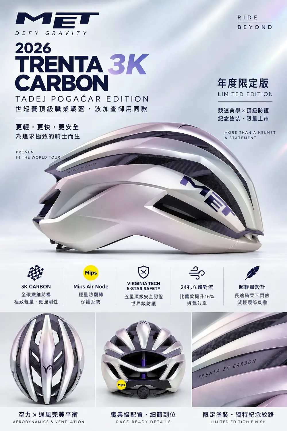 MET Trenta 3K Carbon 2026年度限定版全碳纖安全帽實品圖，世巡賽職業車隊御用戰盔