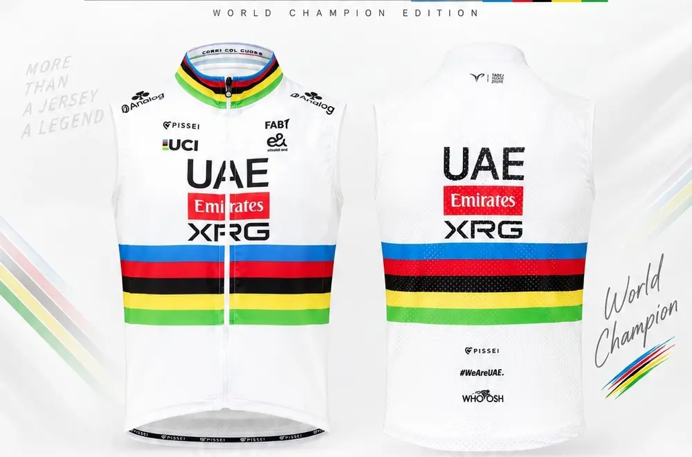 波加查世界冠軍彩虹騎行背心正背面平拍圖，UAE Emirates XRG隊徽與彩虹橫紋