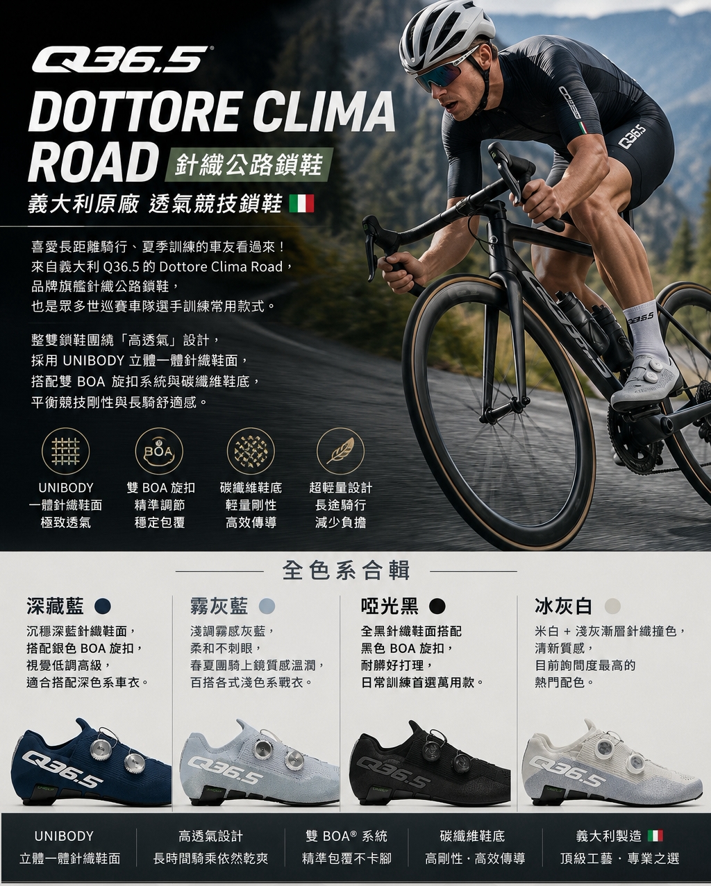 Q36.5 Dottore Clima Road 針織公路鎖鞋主視覺，四大核心機能圖解與四款配色實拍