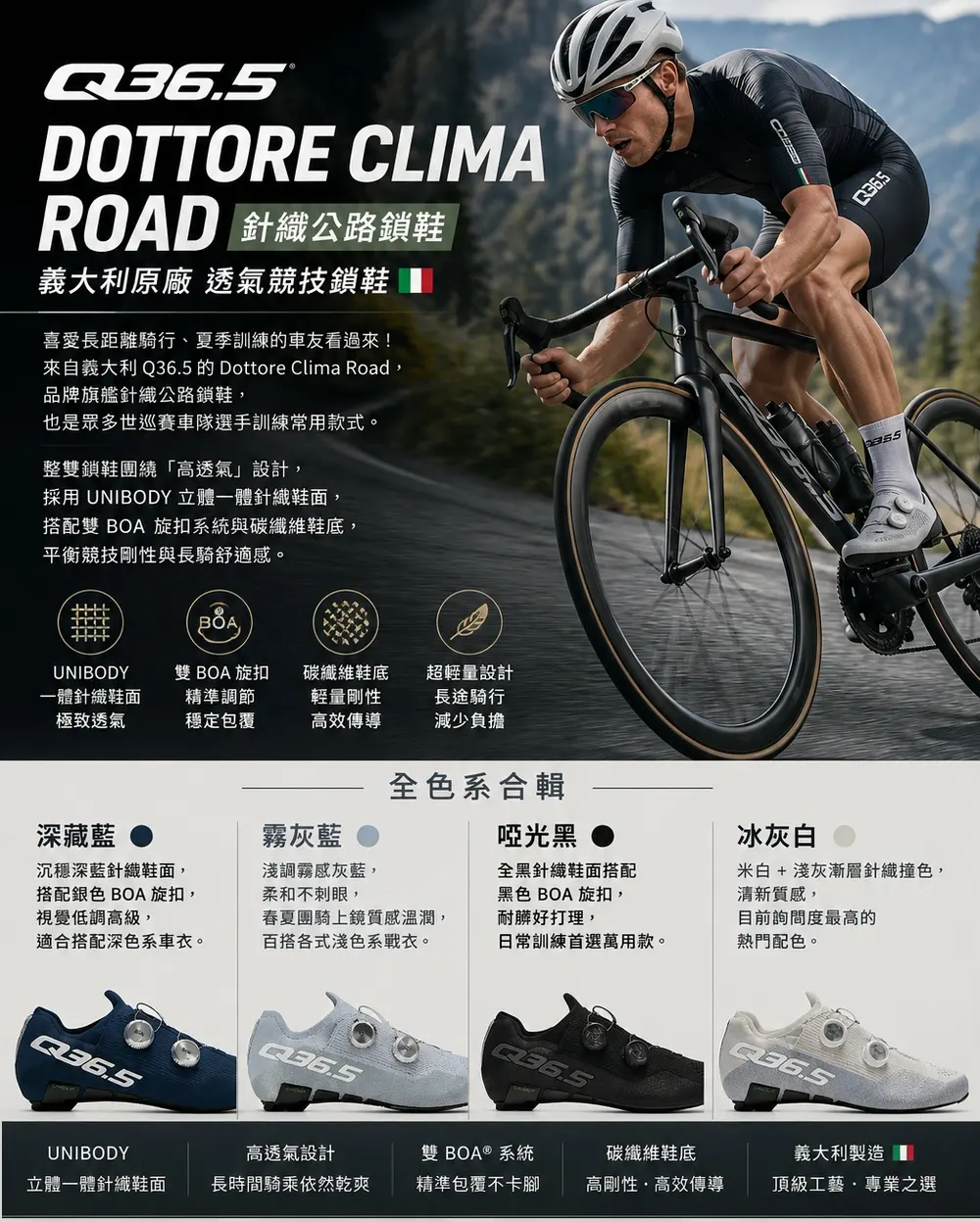 Q36.5 Dottore Clima Road 針織公路鎖鞋主視覺，四大核心機能圖解與四款配色實拍