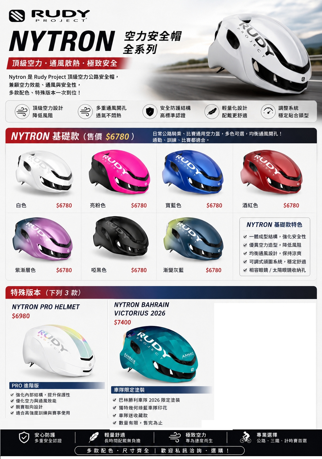 Rudy Project Nytron 空力安全帽全系列主視覺，基礎款7色/Pro進階版/巴林勝利車隊限定版一覽