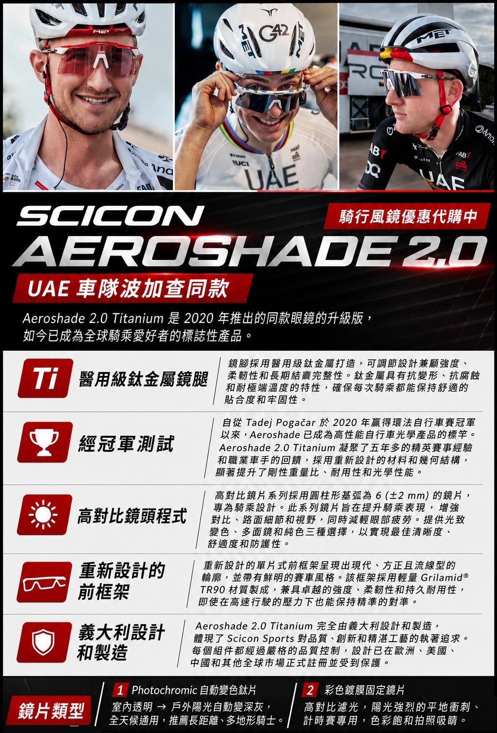 SCICON Aeroshade 2.0 主視覺，UAE Emirates車隊三位選手配戴實照與五大機能圖解