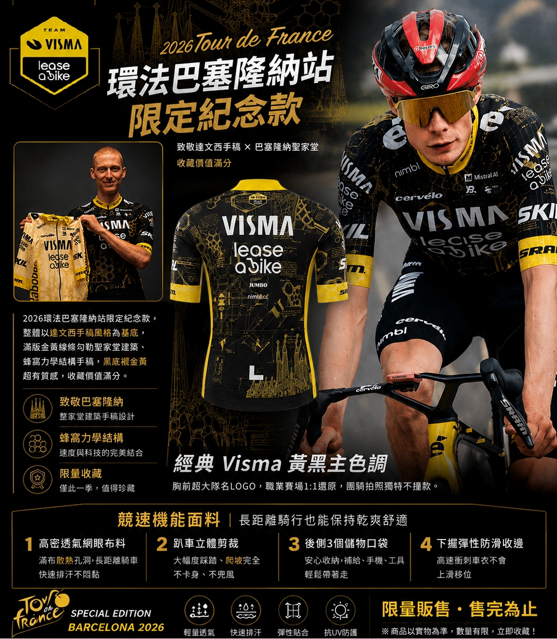 Visma Lease a Bike 2026 環法巴塞隆納站限定紀念車衣，達文西手稿與聖家堂設計圖解
