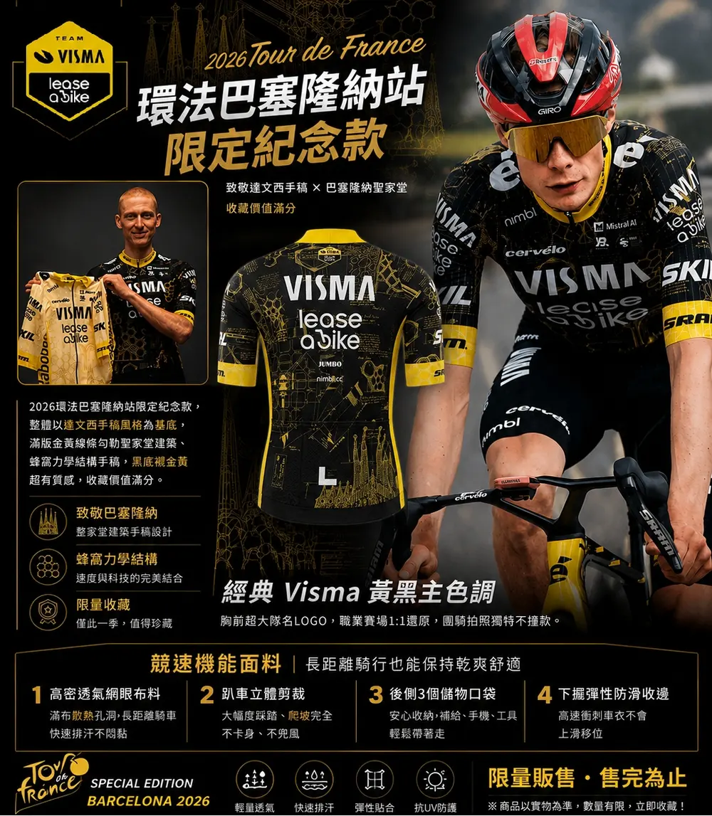 Visma Lease a Bike 2026 環法巴塞隆納站限定紀念車衣，達文西手稿與聖家堂設計圖解